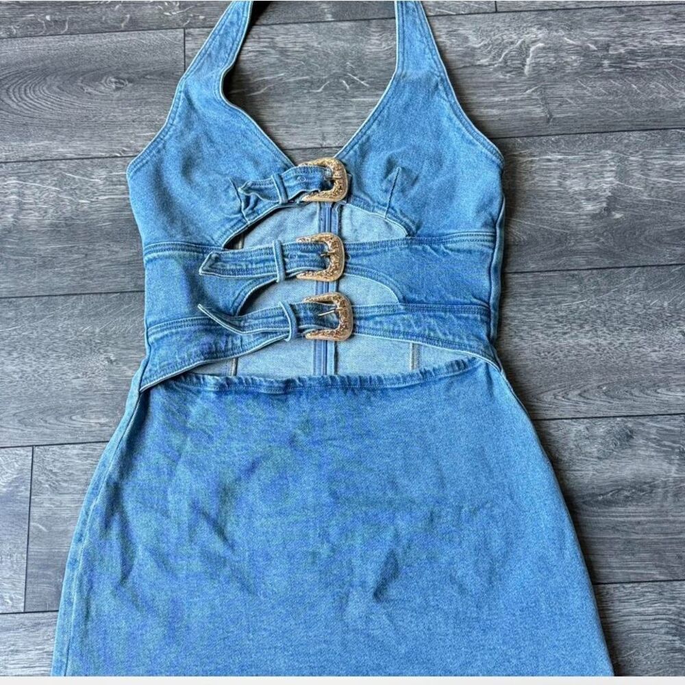 Commense Denim Halter Buckle Mini Dress Women’s Medium 4-6 Casual Chic - Picture 5 of 6